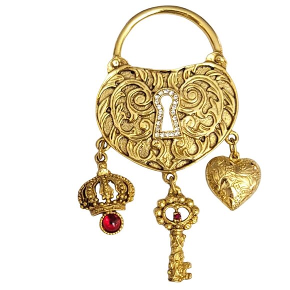 Gold Tone Rhinestone Lock, Heart Crown Key Charms Brooch, Designer Style M481